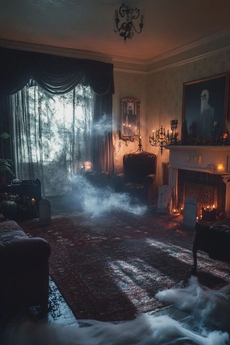 "Create a haunted house experience in your living room with spooky DIY decor! 🕸️👻 Perfect for scaring your guests. #DIYHauntedLivingRoom #SpookyHalloweenIdeas #HauntedHouseInspo" Scary House Interior, Haunted Living Room, Haunted House Witch Room, Haunted House Aesthetic Interior, Fun House Haunted House, Haunted House Inside, Aesthetic Haunted House, Haunted House Aesthetic, Halloween Haunted House Ideas