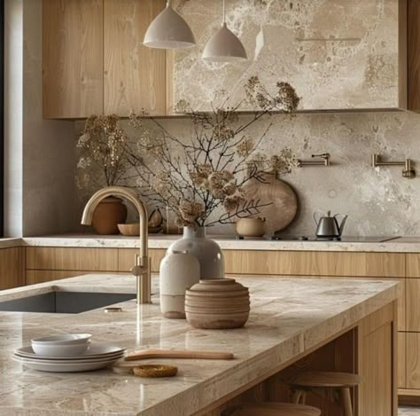 Neutral Earthy Kitchen, Kitchen Neutral Colors, Kitchen White And Wood, Stone Kitchen Countertops, Light Wood Kitchen, Neutral Kitchen Colors, Japandi Color Palette, Kitchen Ideas Luxury, Japandi Kitchen Design