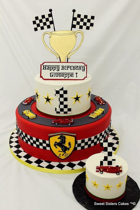 Ferrari Theme Cake for the little man's first birthday! #desserts #cakes #Ferrari #racer #racecar #birthday #1stbirthday #startyourengines #SweetSisters Ferrari Birthday Cake Formula 1, Ferrari Cakes For Men, Ferrari Cakes For Boys, First Birthday Desserts, Ferrari Car Cake, Ferrari Themed Birthday Party, Pastel F1, Ferrari Birthday Cake, F1 Birthday Cake