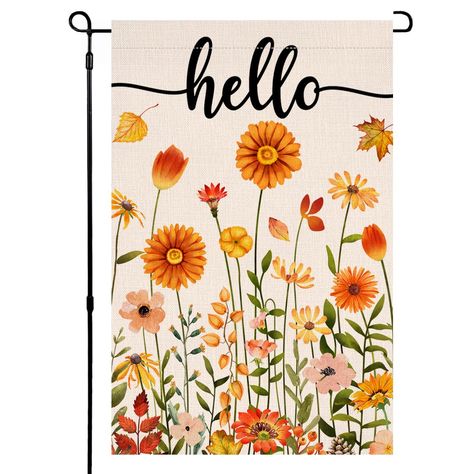 PRICES MAY VARY. FLAG SIZE: This BLKWHT "Hello Fall Floral" Garden Flag is in the small, mini size (12" x 18"). DOUBLE SIDED: The pattern is printed on both sides. BLKWHT garden flags are printed via sublimation printer and then heat pressed onto burlap, which can be hung indoors or outdoors. MATERIAL: Crafted with two layers of burlap, these flags are weather and fade resistant, ensuring they can be displayed for many seasons. INCLUDES: GARDEN FLAG ONLY, FLAG STAND NOT INCLUDED (This BLKWHT gar Flowers Autumn, Outside Decorations, Autumn Thanksgiving, Farmhouse Holiday, Yard Flags, Sublimation Printer, Flag Sizes, Flag Stand, Hello Fall