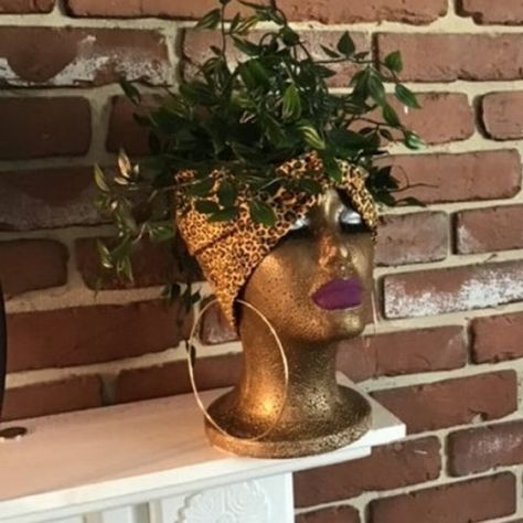 Gold Glitter Eyeshadow, Pot Heads, Styrofoam Head, Pot People, Mannequin Art, Custom Planters, Ivy Plants, Face Planters, Decorated Flower Pots