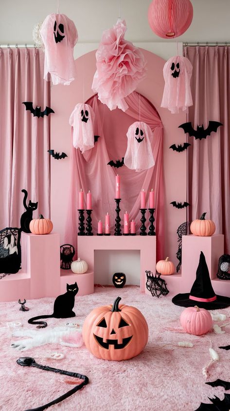 Learn how to incorporate pink decor elements like spider webs, bats, and candles for a whimsical and stylish Halloween setup. Black And Orange Living Room, Ideas Halloween Decoration, Spooky Living Room, Witchy Living Room, Living Room Vibes, Living Room Halloween, Room Pinterest, Orange Living Room, Indoor Halloween Decorations