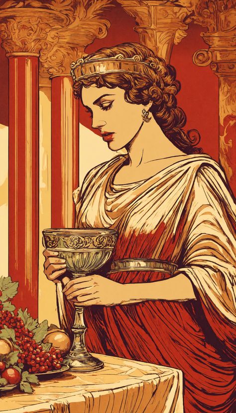 Lexica - A vintage-style illustration of a powerful Roman woman discreetly slipping poison into a goblet during a banquet. Banquet Illustration, Golden Crown, Water Goblets, Crusades, Vintage Style, Vintage Fashion, Ceramics, Quick Saves, Art