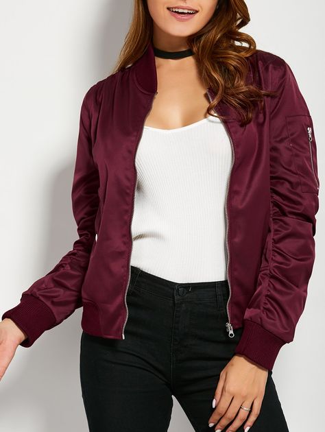 $27.99 for Pockets Bomber Jacket BURGUNDY: Jackets & Coats | ZAFUL Varsity Jacket Women, Burgundy Jacket, Womens Jackets Casual, Kitenge, Jacket Women, Outfit Idea, Outfits Casuales, Casual Fall, Look Cool