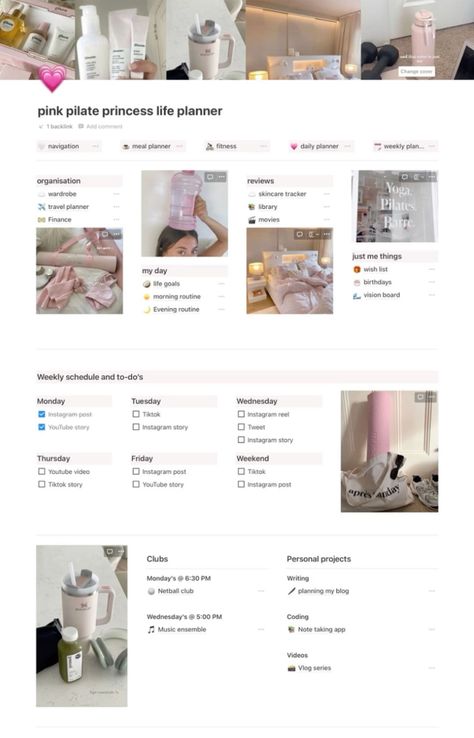 Pink Pilate Princess Notion Life Planner 💗, A Pink Pilates Princess Notion Template, Youtube Notion Template, Pink Pilates Princess Notion, Pink Pilate Princess, Pink Notion, Productive Planner, Notion Template Ideas, Aesthetic Notion Template, Princess Coquette