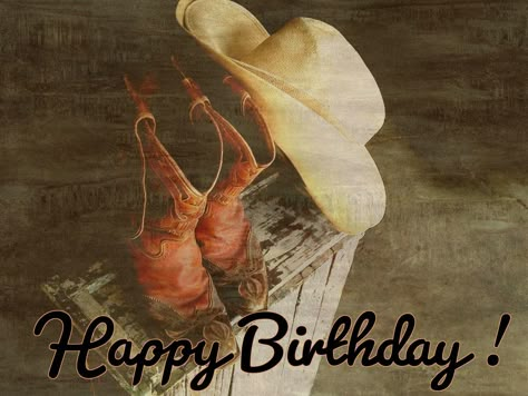 Original by lechezz ~ Western: Happy Birthday Western Cowboy Boots & Hat on old Fruit Picking Box - first time on Pinterest.. ☼ THESE ARE BOOTS ACTUALLY WORN IN California rodeo in the  1950's. Hat from same time period and was worn on California ranch. Happy Birthday Cowgirl Boots, Happy Birthday Cowboy Boots, Cowboy Birthday Quotes, Cowboy Birthday Wishes, Western Happy Birthday, Happy Birthday Young Man, Happy Birthday Cowgirl, Happy Birthday Country, Happy Birthday Cowboy