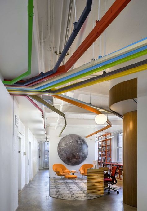 Exposed conduit color-coded to different design departments?  TED Conference NYC Corporate Interiors, Cool Office, Workplace Design, The Ceiling, Reception Areas, Office Inspiration, Corporate Design, Office Interior Design, Commercial Design