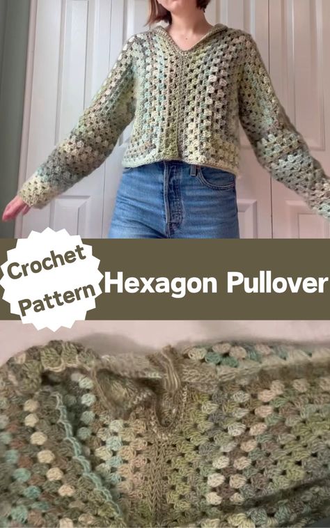 Warm up with the cozy Granny Hexagon Pullover! This DIY sweater uses chunky yarn and a simple hook technique, making it quick and fun to create. The design features a unique hexagon pattern that forms a lovely textured look. Crochet Granny Hexagon Pattern, Hexagon Pullover Crochet Pattern, Crochet Hexagon Pullover Pattern Free, Hexagonal Crochet Pattern, Granny Hexagon Pullover, Hexagon Pullover Crochet, Crochet Hexagon Diagram, Crochet Hexagon Pullover, Hexagonal Granny Square