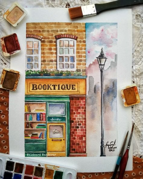 Building Art Drawing, Vintage Buildings Aesthetic, Watercolor Shop Illustration, Vintage House Drawing, Book Shop Illustration, Bookshop Drawing, Bookshop Painting, Reference For Painting, Library Watercolor Painting