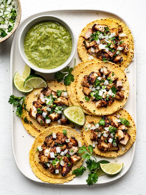 Chicken Street Tacos - Sandra Valvassori Use Corn Tortillas, Pulled Chicken Tacos Recipe, Chicken Taco Bowls Healthy, Tacos Recipes Chicken, Shredded Chicken Street Tacos, Street Tacos Recipe Chicken, Corn Tortilla Tacos, Authentic Chicken Tacos, Street Tacos Chicken