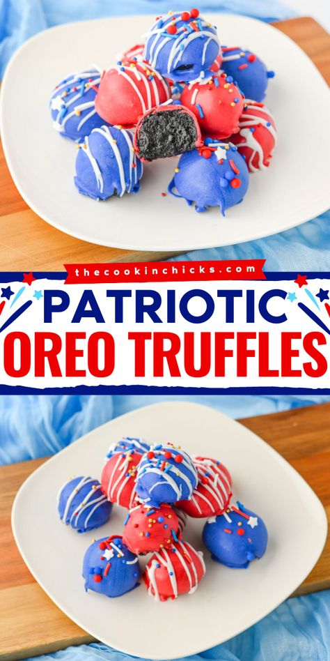 Celebrate the red, white, and blue with these delicious and easy to make Patriotic Oreo Truffles! The ultimate no bake sweet treat to make for any Fourth of July, Memorial Day, Labor Day, or summer BBQ! Only 5 ingredients needed to make these 4th of July Oreo Truffles! Veterans Day Treats, Oreo Bomb, Oreo Cake Pops Recipe, Patriotic Fruit Pizza, Oreo Cake Pops, Pillsbury Sugar Cookies, Oreo Truffles Recipe, The Cookin Chicks, No Bake Oreo Cheesecake