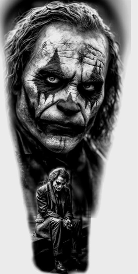 Tattoo Joker Design, Black And Grey Tattoo Design Realistic, Joker Tattoo Sketch, Realistic Tattoo Design Ideas, Joker Tattoo Stencil, Black And Grey Tattoo Design, Realism Tattoo Design, Joker Face Tattoo, Joker And Harley Tattoo