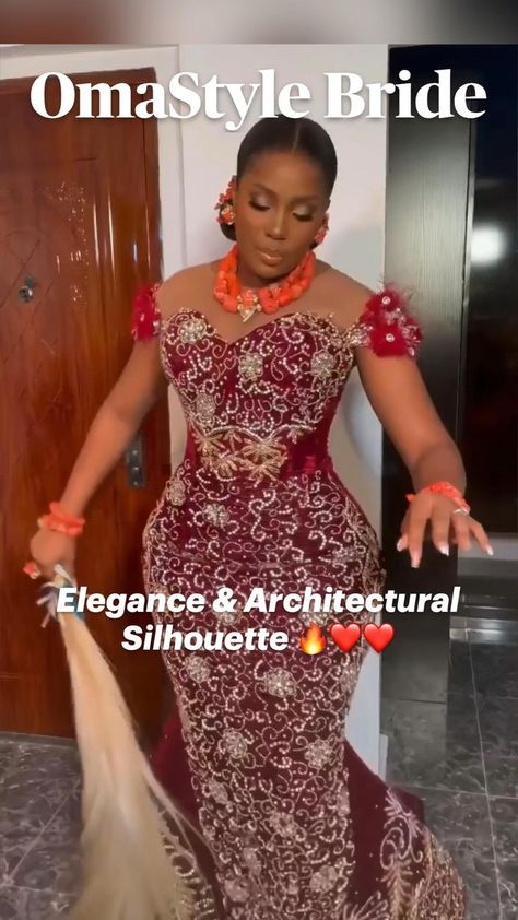 Elegance & Architectural Silhouette 🔥❤️❤️ | OmaStyle Bride in 2022 | African dress, Nigerian lace styles dress, African attire Igbo Traditional First Outing Attire, First Outing Outfit For Igbo Bride, Burgundy Nigerian Traditional Wedding, First Outing For Traditional Marriage, Igbo Bride First Outing Dress, Nigerian Bridesmaid Dresses Traditional, Traditional Marriage Outfit For Women, Isiagu Styles For Ladies, Chief Bridesmaid Dresses Nigerian