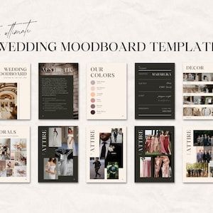 This Wedding Moodboard template will help you plan the perfect wedding! This editable Canva template allows you to add and replace your own images, select your own wedding fonts, as well as select your wedding colors! Includes a BONUS page to create your wedding logo in seconds! Wedding Vision Board, Moodboard Template, Vision Board Template, Wedding Lookbook, Mood Board Template, Wedding Moodboard, Board Template, Wedding Elements, Wedding Logo