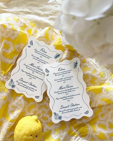 Wedding and Event Stationery on Instagram: "Menus from our Limoncello collection. 🍋🍴" Italian Inspired Invitations, Illustration Menu Design, Italian Wedding Stationery, Italian Wedding Stationary, Italy Wedding Stationery, Greek Dinner Party Invitations, Italian Dinner Invitations, Dinner Menu Design, Italian Summer Invitation