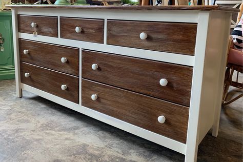 Off white dresser w/water based walnut stained top & drawer fronts White And Wooden Dresser, White And Wood Dresser, Off White Dresser, Beige Dressers, Stained Dresser, Repurposed Projects, Dresser Refinish, Long Dresser, Dresser Ideas