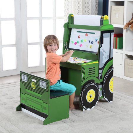 Boy Desk, John Deere Bedroom, John Deere Room, Kids Art Easel, Artist Desk, Kids Easel, Office Chair Without Wheels, John Deere Tractor, Storage Chair