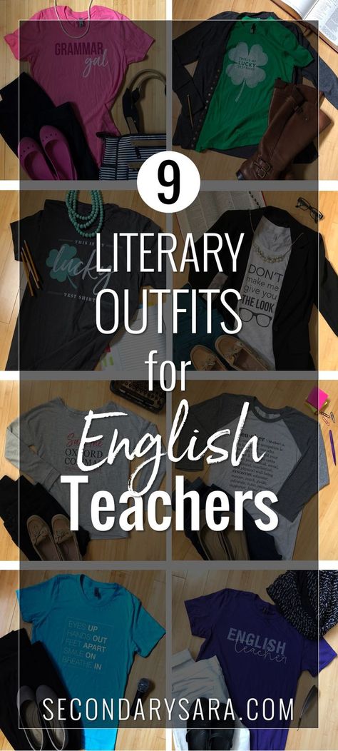 Teacher clothes that are durable, professional, and literary, perfect for English teachers or word nerds! The Office Outfits, Middle School Teacher Outfits, English Teacher Outfit, School Teacher Outfits, Young Teacher Outfits, Teacher Outfits High School, Teacher Outfits Professional, English Teacher Shirt, Teacher Outfits Elementary