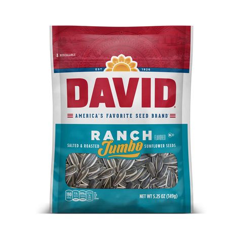 DAVID SEEDS Roasted and Salted Ranch Jumbo Sunflower Seeds, Keto Friendly, 5.25 oz, 12 Pack Salty Treats, Seed Pack, Crunchy Snack, Nuts & Seeds, Salty Snacks, Trail Mix, Nutrition Information, Sunflower Seeds, Sweet And Salty