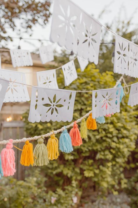 backyard summer mexican fiesta party — emelbe design Diy Papel Picado, Cactus Rocks, Baked Churros, Picado Banner, Painted Cactus, Mexican Birthday Parties, Mexican Babies, Mexican Party Decorations, Backyard Summer