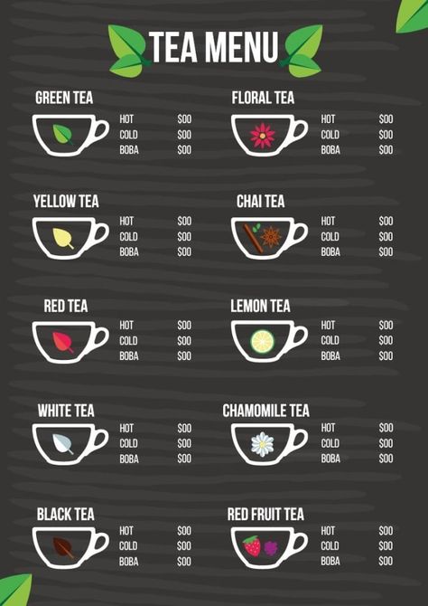 Tea Menu Board, Tea Shop Menu Design, Tea Menu Design, Logo Sketch Design, Store Names Ideas, Menu Design Inspiration, Shop Name Ideas, Cafe Menu Design, Tea Remedies