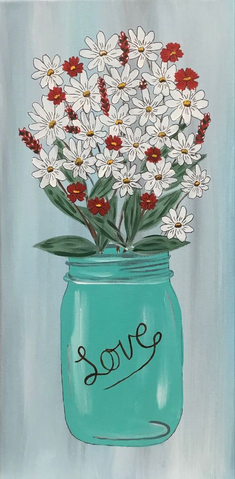 For Lady Veterans fundraiser Mason Jar With Flowers Painting, Pilot View, Small Red Flowers, Art Paint Party, Jar Painting, Art Party Ideas, Arts Paint, Sunflower Pictures, Mason Jar Flowers