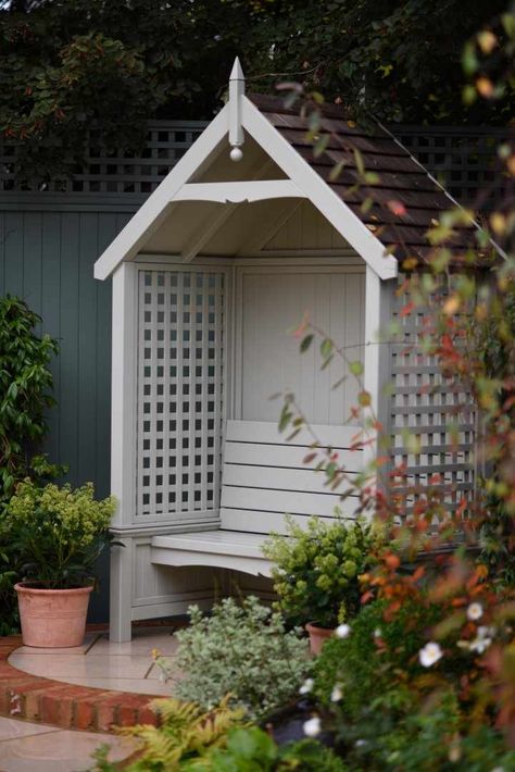 Case Study - Classic patio garden design Trellis Seating Area, Garden Trellis Seating Area, Garden Arbor With Bench, Garden Bench With Roof, Garden Arbour Seat, Raised Bed With Arch Trellis, Garden Arbour, Arbour Seat, Contemporary Sheds