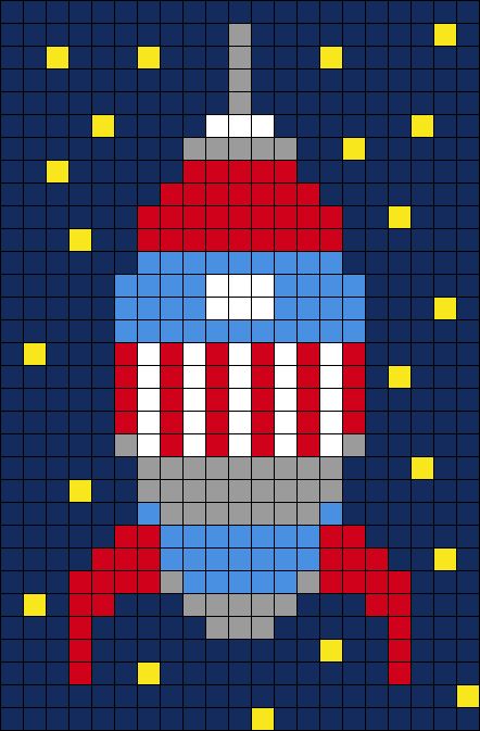 Rocket Perler Bead Pattern | Bead Sprites | Misc Fuse Bead Patterns Crochet Pictures, Lego Dots, Crochet Christmas Trees Pattern, Fuse Bead Patterns, Galaxy Pattern, Pattern Maker, Kandi Patterns, Bead Sprite, Diy Embroidery Patterns