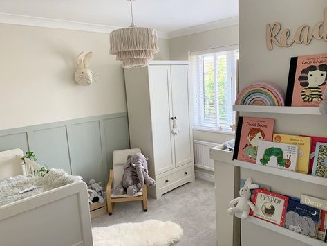 Playroom Paneling, Panelled Wall Nursery, Panelled Walls Nursery, Nursery Wall Paneling, Paneling Nursery, Panelling Nursery, Nursery Panelling, Beadboard Half Wall, Ideas For Laundry Room