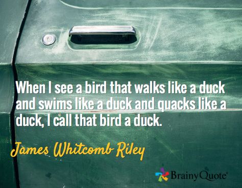 When I see a bird that walks like a duck and swims like a duck and quacks like a duck, I call that bird a duck. / James Whitcomb Riley James Whitcomb Riley, Brainy Quotes, A Duck, Genealogy, Decor Crafts, Holidays, Quotes