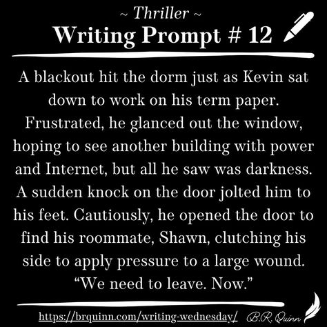 A blackout. A wounded roommate. What is happening? #writing #writinglife #writingprompts #writinginspiration #BRQuinn #MyYearQuest #WritingWednesday #thrillerwritingprompt #thrillerwriting Christmas Writing Prompts, Christmas Writing, Knock On The Door, Term Paper, What Is Happening, Writing Life, Writing Inspiration, Creative Writing, Writing Prompts