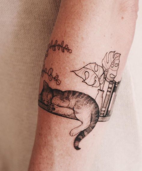 Ramón on Twitter: "Vlada Shevchenko > Unnamed #tattoo #ink #art https://t.co/xLPPESiruS" / Twitter Cat On Shelf Tattoo, Boho Cat Tattoo, Cat And Plant Tattoo, Cat In Window Tattoo, Cat And Book Tattoo, Small Bff Tattoos, Baby Tattoo Designs, Bff Tattoos, Tattoos Henna