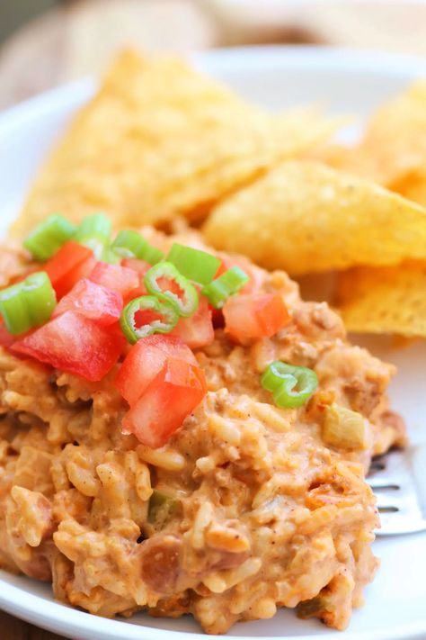 Tommy Boy Casserole--chili cheese dip casserole with salsa, cream cheese, rice, chili and more! Make it in the Instant Pot or the Crockpot. Cream Cheese Rice, Instant Pot Cowboy Casserole, Sausage Rice, Chili Cheese Dips, Cheese Rice, Bean Salsa, Gluten Free Chili, Chili Cheese, Vegetarian Chili