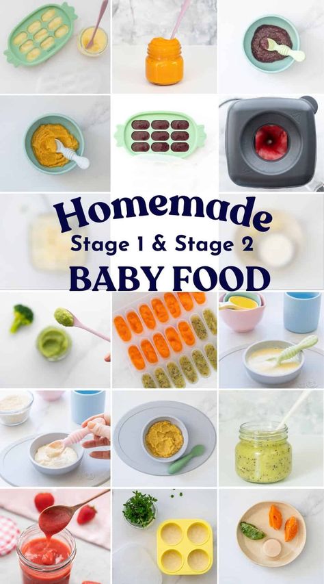 Learn how to prepare  single ingredient purees suitable as first foods. Plus nutritious stage two baby food combinations you can create with the stage one purées you've got stashed un your freezer. Babyfood Homemade, Homemade Baby Food Combinations, Stage 2 Baby Food, Homemade Baby Food Storage, Baby Food Recipes Stage 1, Baby Food Schedule, Easy Homemade Baby Food, Baby Food Puree, Baby Food Combinations