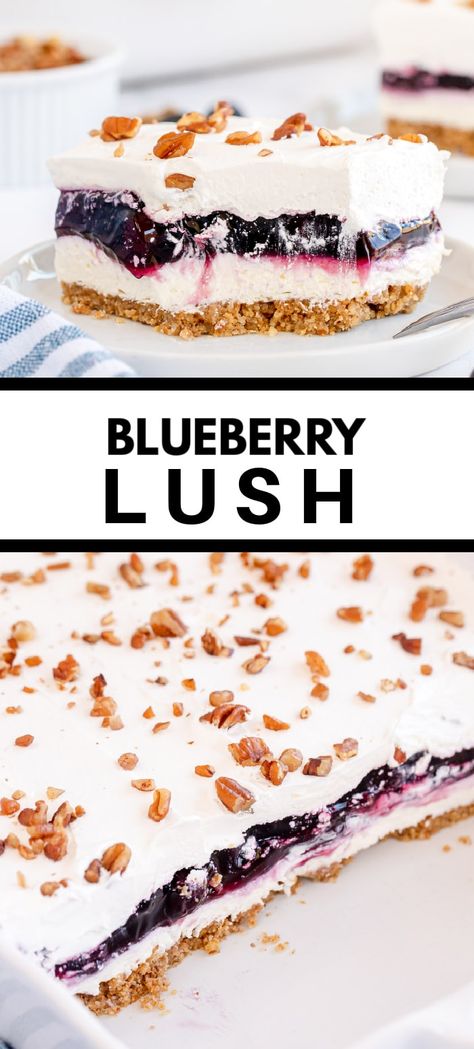 Easy Pan Dessert Recipes, Light Blueberry Desserts, Blueberry Fluff Dessert Cool Whip, One Pan Desserts Easy, No Bake Fruit Desserts, Blueberry Dessert Ideas, Blueberry Lush Dessert, Blueberry Layered Dessert, Blueberry Cream Cheese Dessert