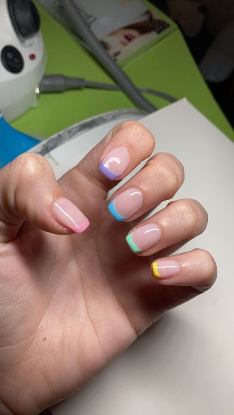 Partial French Tip Nails, Pastel Tip Nails, Bright French Tip Nails, Pastel French Manicure, Colored French Nails, Grad Nails, Colored Nail Tips, Birthday Nail, Gel Nails French