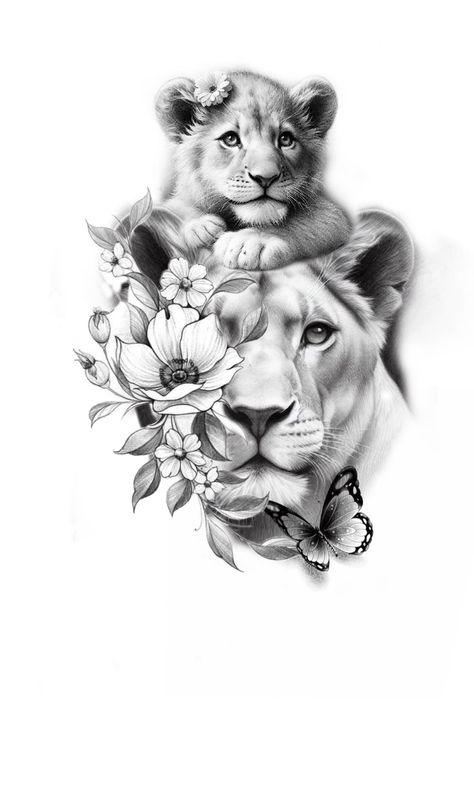 Lioness And Cub Tattoo, Lion Cub Tattoo, Female Lion Tattoo, Arm Tattoos Drawing, Cubs Tattoo, Horse Tattoo Design, Lioness Tattoo, Family Tattoo Designs, Lion Head Tattoos