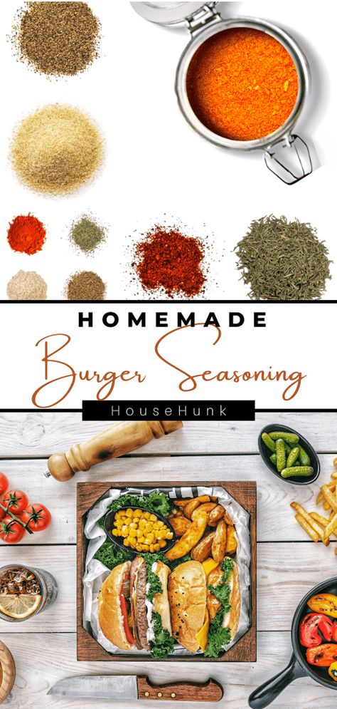 This Homemade Burger Seasoning recipe with cayenne pepper, garlic powder, onion powder, dried oregano, dried thyme, paprika, salt, and pepper is perfect for seasoning burgers at home. It is an easy-to-make dry spice mix which is a great recipe for busy moms and dads and a very useful spice mix to have on hand. #burgerrecipe #homemadeseasoning #spicemix Tap to see more recipes and cooking inspiration from House Hunk + Fatherhood at Its Finest Diy Burger Seasoning, Burger Seasoning Recipe, Hamburger Spices, Best Burger Seasoning, Burger Recipes Seasoning, Burger Spice, Burgers At Home, Easy Homemade Burgers, Easy Burgers