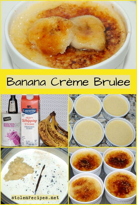 This recipe is a twist on classic crème brulee. Ripe bananas are mashed and cooked with heavy cream and vanilla. Once the mixture steams, then it is strained to remove the bananas. Next in a bowl egg yolk, salt and sugar are mixed together. The cream mixture is slowly added to the egg mixture. After whisking everything together then the mixture is poured into ramekins. The ramekins are baked in a water bath until set, then refrigerated. Sugar is sprinkled on top and caramelized before serving. Ramekin Recipe, Cream Brulee, Creme Brulee Recipe, Brulee Recipe, Caramelized Bananas, Ripe Bananas, Creamed Eggs, Banana Slice, Banana Cream