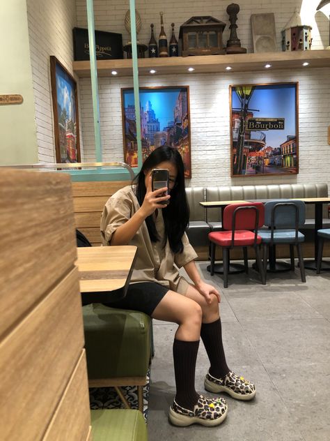 Crocs, with knee socks,beige shirt, Crocs With Socks, Beige Shirt, Sock Outfits, Pics Ideas, Knee Socks, Modern Fashion, High Socks, Socks, Quick Saves