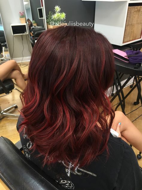 Medium Hair With Red Highlights, Red Dementional Hair, Natural Red Hair Dye Ideas For Brunettes, Bright Red Balayage Hair Brunettes, Pink And Red Highlights In Brown Hair, Brown And Red Balayage Hair, Short Red Balayage, Brown Hair And Red Highlights, Brown Roots Red Hair Balayage