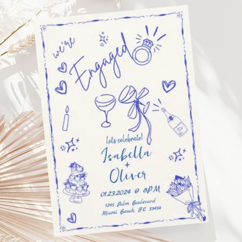 A modern whimsical and funky hand drawn scribble engagement invitation following the latest trend in wedding stationary. Doodle Save The Date, Greek Engagement Party, Whimsical Engagement Party, Aesthetic Engagement Party, Something Blue Engagement Party, Cheers Doodle, Fun Engagement Party Ideas, Engagement Watercolor, Small Engagement Party Ideas