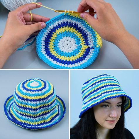 How to crochet a bucket hat easily - a detailed tutorial! | crocheting, bucket hat, tutorial | How to crochet a bucket hat easily - a detailed tutorial! | By Miarti - Crochet and Knitting | Facebook Double Crochet Bucket Hat, Crochet Bucket Hat Men, How To Crochet A Bucket Hat, Crochet A Bucket Hat, Bucket Hat Tutorial, Crochet Bucket Hat Free Pattern, Crochet Edgings, Bucket Hat Pattern, Hats Crochet