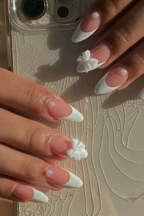 Adorn your nails with delicate bows and clear acrylic for a coquette look. Get inspired by these bow nails. Perfect coquette nail designs#nailart #manicure #elegant #whitenails #naildesign Coquette Nail Designs, Uñas Cute, Frog Wedding, Coquette Nail, Bow Nail Designs, Bow Nails, Bow Nail Art, White Tip Nails, Bow Nail