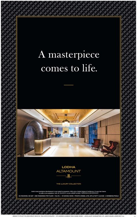 lodha-altamount-the-luxury-collection-ad-times-of-india-mumbai-13-08-2017 Luxury Advertising, Hoarding Design, Property Ad, Motion Graphics Typography, Real Estate Advertising, Real Estate Marketing Design, Fashion Poster Design, Real Estate Ads, Real Estates Design