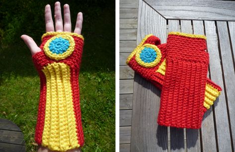 Iron Man handwarmers by Kottdjur.deviantart.com on @deviantART Iron Man Hand, Crochet Gloves, Wrist Warmers, Mens Gloves, Yarn Crafts, Hand Warmers, Fingerless Gloves, Arm Warmers, Crochet Amigurumi