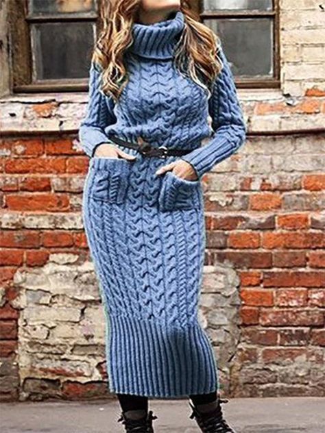 Plain Coats, Irish Sweater, Casual Turtleneck, Cable Knit Sweater Dress, Feminine Clothing, Long Knitted Dress, Maxi Dress Outfit, Knitted Dresses, Comfy Chic