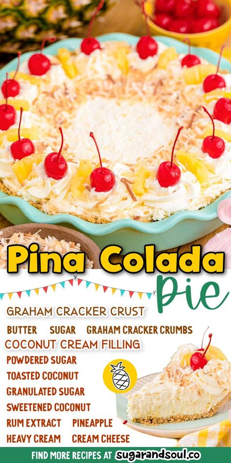 No Bake Pina Colada Pie fills a sweet graham cracker crust with a rum filling that's loaded with crushed pineapple and shredded coconut! Pina Colada Pie Recipe, Pina Colada Pie, Fruit Crisp Recipe, Cool Whip Desserts, Pineapple Dessert, Fabulous Desserts, Baking Recipes Pie, Filipino Food Dessert, Pineapple Desserts