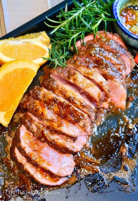 Sliced pork tenderloin oven cooked with orange marmalade #pork #dinneridea | www.thefoodieaffair.com Orange Marmalade Pork Loin Crock Pot, Orange Marmalade Pork Tenderloin, Cooking With Oranges, Orange Pork Tenderloin, Fig Sauce, Pork Tenderloin Oven, Disney Cocktails, Baked Pork Tenderloin, Barbecue Pork Ribs