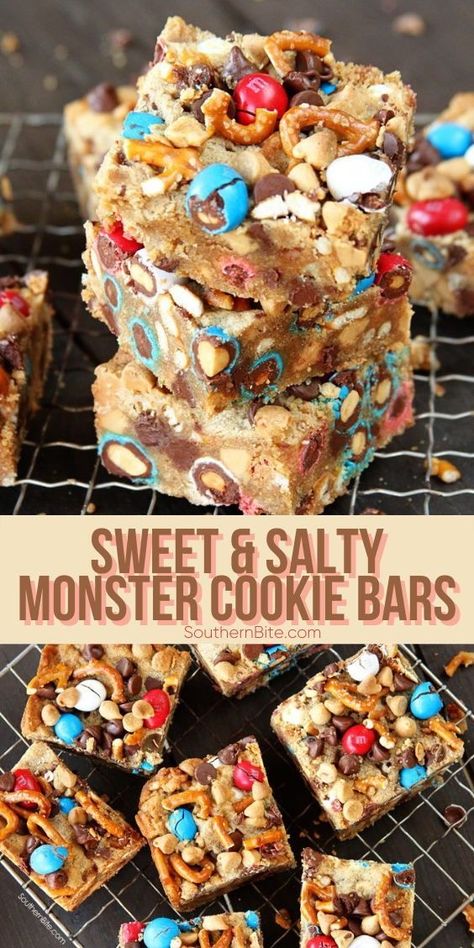 #dessert Peanut Butter Bar Recipes, Peanut M&m Desserts, Peanut Butter Monster Cookie Bars, Peanut M And M Recipes, Monster Cookies With Pretzels, Sweet And Salty Bars, Peanut Butter M&m Recipes, Sweet And Salty Recipes, Salty Desserts Easy